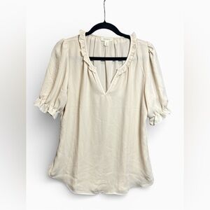 Tamara H Cream Ruffle Neck Blouse Puff Sleeve Size L Boho Work Top